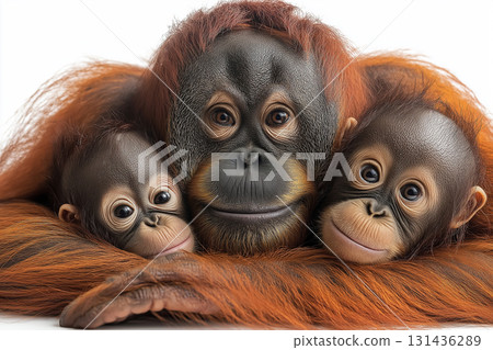 Close-up of orangutans in the wild, showcasing primates and jungles with wildlife in nature Close-up of orangutans in the wild, showcasing primates and jungles with wildlife in nature 131436289