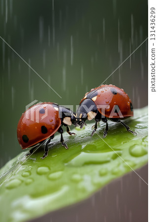 Ladybugs in nature with raindrops, a vibrant macro closeup of wet insects on a leaf outdoors 131436299