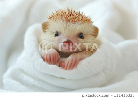 Adorable hedgehog portrait: Cute animal snuggled in soft, fluffy white blanket, tiny and delicate eyes. 131436323