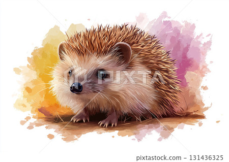 Cute hedgehog illustration with spines in nature, animal portrait, and artistic watercolor 131436325