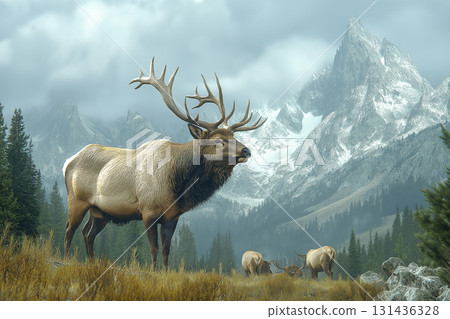 Majestic elk with antlers in scenic mountains wildlife landscape and forest Majestic elk with antlers in scenic mountains wildlife landscape and forest 131436328
