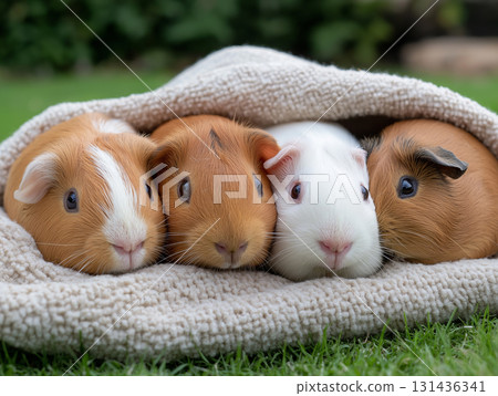 Adorable guinea pigs cuddle in a cozy blanket, showcasing their cute and fluffy expressions. Adorable guinea pigs cuddle in a cozy blanket, showcasing their cute and fluffy expressions. 131436341