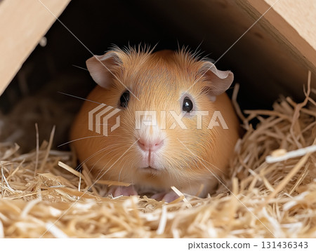 Guinea rodent pet is adorable and cute, an animal with fluffy fur in hay shelter with straw. Guinea rodent pet is adorable and cute, an animal with fluffy fur in hay shelter with straw. 131436343