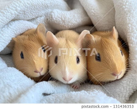 Cute fluffy guinea pigs snuggling in a cozy blanket, adorable small animal trio Cute fluffy guinea pigs snuggling in a cozy blanket, adorable small animal trio 131436353