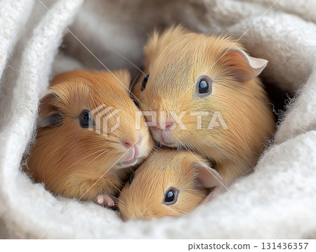 Adorable guinea pigs cozy in soft blanket with cute expressions, photography in focus Adorable guinea pigs cozy in soft blanket with cute expressions, photography in focus 131436357