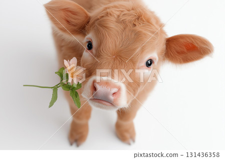 Cute cow calf holding a flower in its mouth in a farm setting with fur and young animal charm Cute cow calf holding a flower in its mouth in a farm setting with fur and young animal charm 131436358