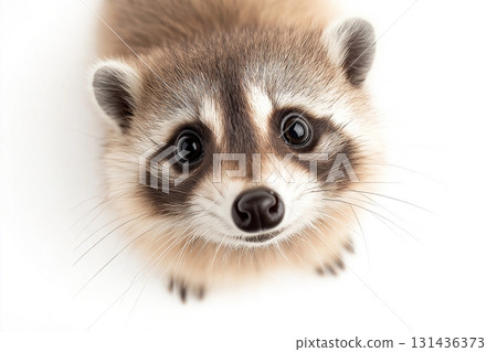 Cute raccoon with curious eyes in wildlife setting, showcasing nature and animal fur details 131436373