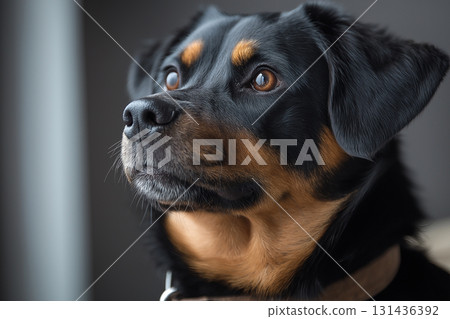 Rottweiler dog portrait showcasing pet animal canine closeup with expressive eyes and fur 131436392