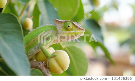 Chameleon Reptile - Green Lizard Camouflage in Nature, Wildlife Exotic Tree Leaf Animal Chameleon Reptile - Green Lizard Camouflage in Nature, Wildlife Exotic Tree Leaf Animal 131436396