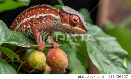 Chameleon reptile lizard animal wildlife and nature on colorful exotic forest leaves 131436397