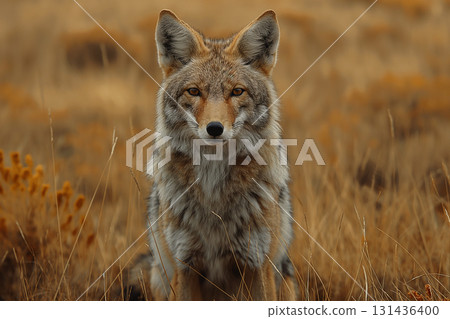 Wildlife shot of a coyote in nature, highlighting desert animal and predator characteristics. 131436400