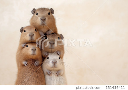 Adorable group of capybara rodents in a playful family portrait showcasing wildlife and cuteness Adorable group of capybara rodents in a playful family portrait showcasing wildlife and cuteness 131436411