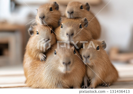 Adorable capybara group resting together in a natural setting for animal stock images 131436413