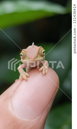Macro photo of a chameleon on a finger: nature, macro, green, wildlife, and cute animal. 131436414