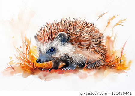 Cute hedgehog in nature with spines and grass, a small nocturnal animal illustration. 131436441