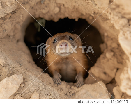 Meerkat wildlife in the desert, nature scene of a cute animal in a sandy burrow 131436455