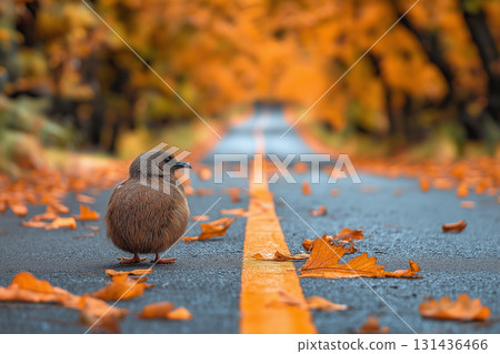 Autumn road with colorful leaves and a bird in nature during the peaceful fall season walk 131436466