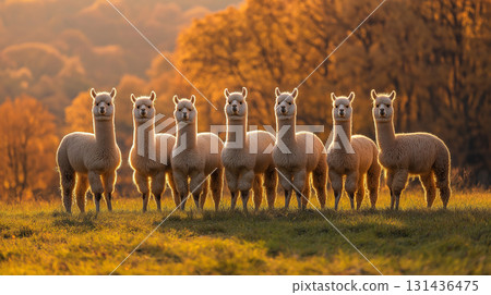 Alpacas herd in the sunset: animals, nature, and wool on a peaceful pasture field Alpacas herd in the sunset: animals, nature, and wool on a peaceful pasture field 131436475