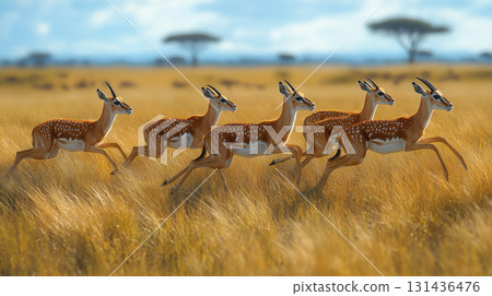 Gazelles sprinting in the wild: wildlife and nature on a grassland safari in Africa Gazelles sprinting in the wild: wildlife and nature on a grassland safari in Africa 131436476