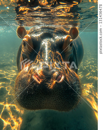 Hippo underwater wildlife photography capturing close-up of aquatic nature and animal portrait 131436478