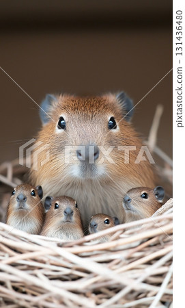 Capybara nest with family of cute rodents in a wildlife setting, adorable animals and nature scene 131436480
