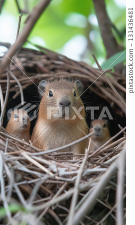 capybara nest with rodents showcasing nature's family closeup and outdoor habitat in their environment 131436481