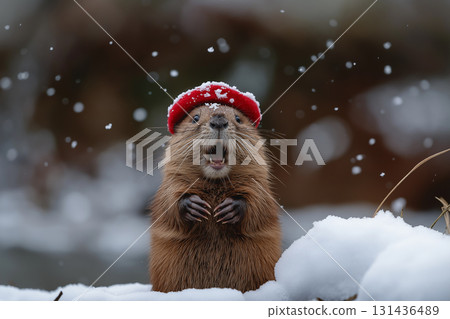 Cute marmot wearing a red hat in snowy winter nature, playful wildlife and furry animal outdoors 131436489