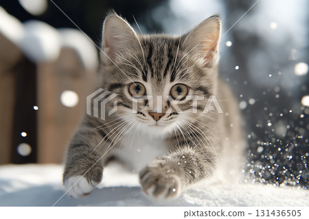 Adorable Tabby kitten playing in the snow with fur whiskers outdoors, an animal full of charm Adorable Tabby kitten playing in the snow with fur whiskers outdoors, an animal full of charm 131436505