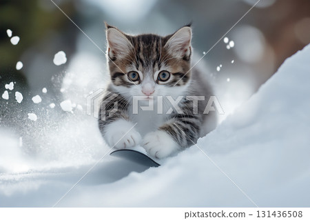 Tabby playful cute kitten with adorable pet animal features in snowy environment 131436508