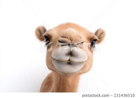 Cute camel portrait showing adorable features of this desert mammal in a fun pose 131436510