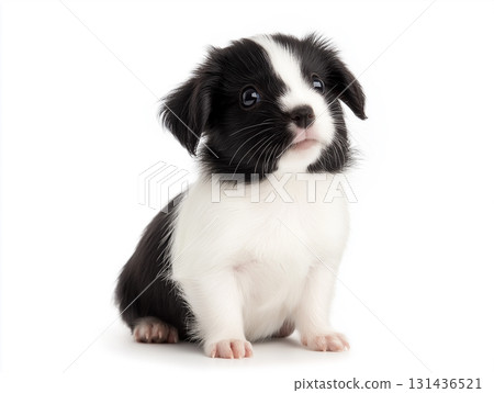 Cute Puppy: Adorable Black and White Furry Animal Portrait 131436521