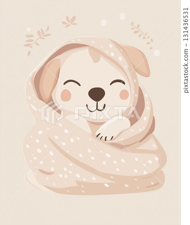 Adorable cartoon dog puppy wrapped in a blanket, cute illustration of smiling animal 131436531