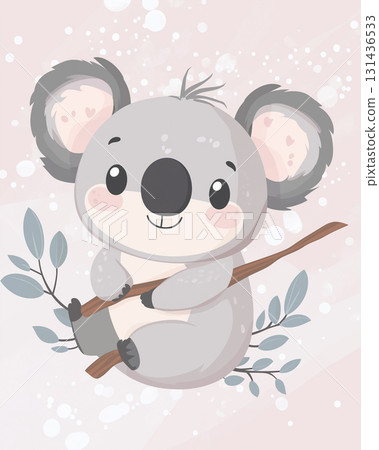 Cute cartoon koala illustration with eucalyptus branch in adorable wildlife setting 131436533