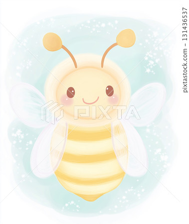Cute cartoon bee with smile and yellow stripes, flying in a cheerful sky, art illustration 131436537
