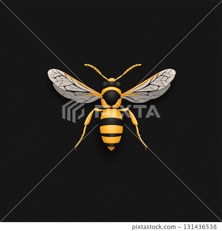 Closeup of a wasp with yellow stripes and wings on a black background 131436538