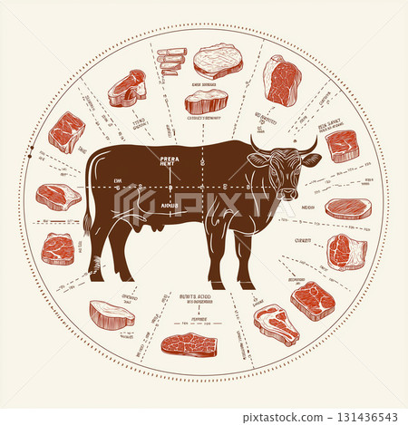 Beef steak butcher meat cuts diagram illustration with cow chart and animal guide 131436543