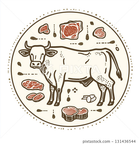 Illustration of beef cuts on a cow showcasing butcher meat and steak details for agriculture use. 131436544