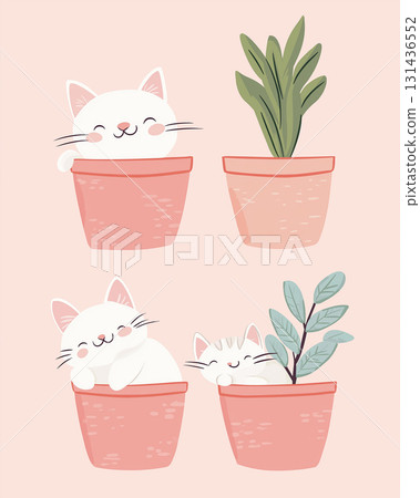 Adorable cat and kitten with potted plants: cute, fluffy, playful, and charming whiskered companions Adorable cat and kitten with potted plants: cute, fluffy, playful, and charming whiskered companions 131436552