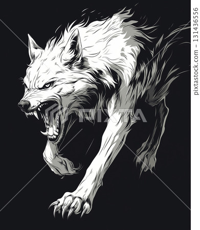 Fierce wolf with sharp teeth in a dynamic pose, capturing the essence of wildlife and nature 131436556
