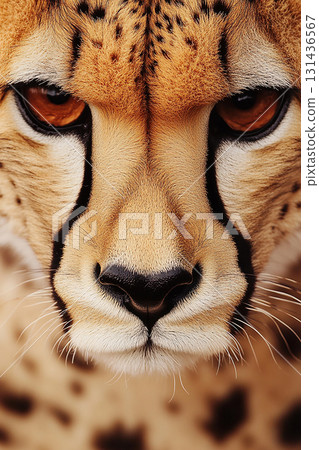 Majestic cheetah portrait with stunning fur and captivating gaze in natural habitat 131436567