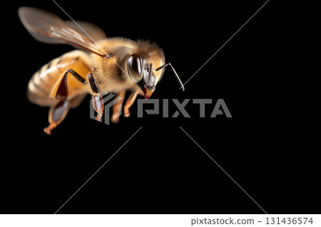 Bee flying closeup with wings and detail in nature, black background photo. 131436574