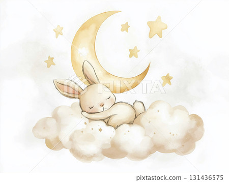 Adorable illustration of a cute bunny sleeping on a moon with stars and clouds in a dreamy night 131436575