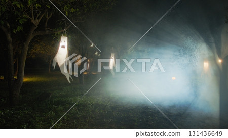 Haunted Forest With Ghosts On Foggy Halloween Night Among Trees Haunted Forest With Ghosts On Foggy Halloween Night Among Trees 131436649