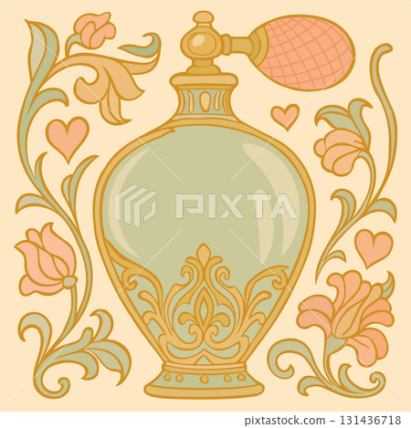Elegant perfume bottle surrounded with soft flowers and hearts. Vector illustration 131436718