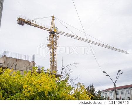 Crane over an abandoned construction site. Construction freeze. Crane over an abandoned construction site. Construction freeze. 131436745