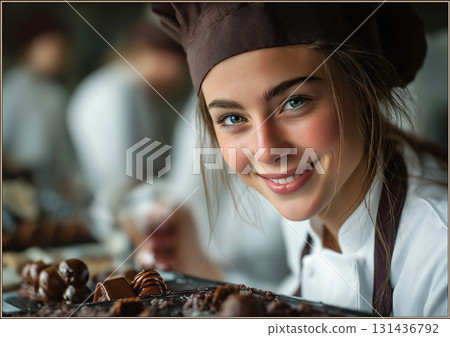 Smiling pastry chef and chocolate sweets 131436792