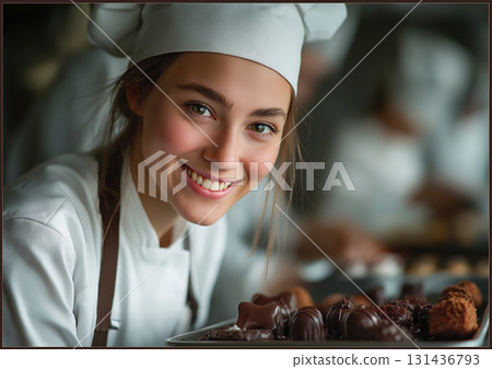 Smiling pastry chef and chocolate sweets 131436793
