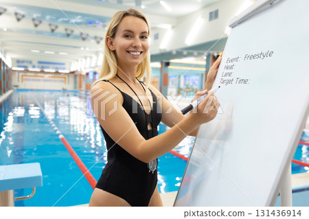 Blonde coach smiling and writing training plan on flipchart near swimming pool Blonde coach smiling and writing training plan on flipchart near swimming pool 131436914