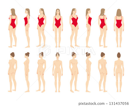 Vector illustration of a 7 head woman in red and without swimsuit, displaying multiple angles including front, side, and. Vector illustration of a 7 head woman in red and without swimsuit, displaying multiple angles including front, side, and. 131437056