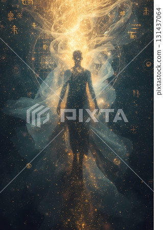female figure surrounded by glowing light 131437064
